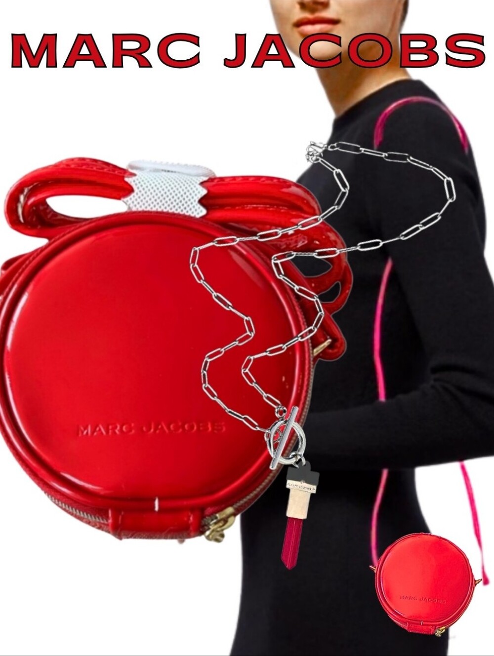 MARC JACOBS Mini Leather Crossbody + Marc Jacobs Lipstick Key SS Necklace New